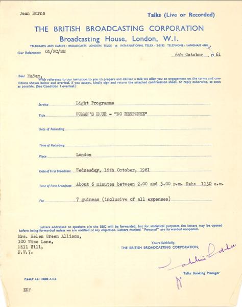 Broadcasting info about the BBC Women's Hour from 18th October 1961 with Helen Allison