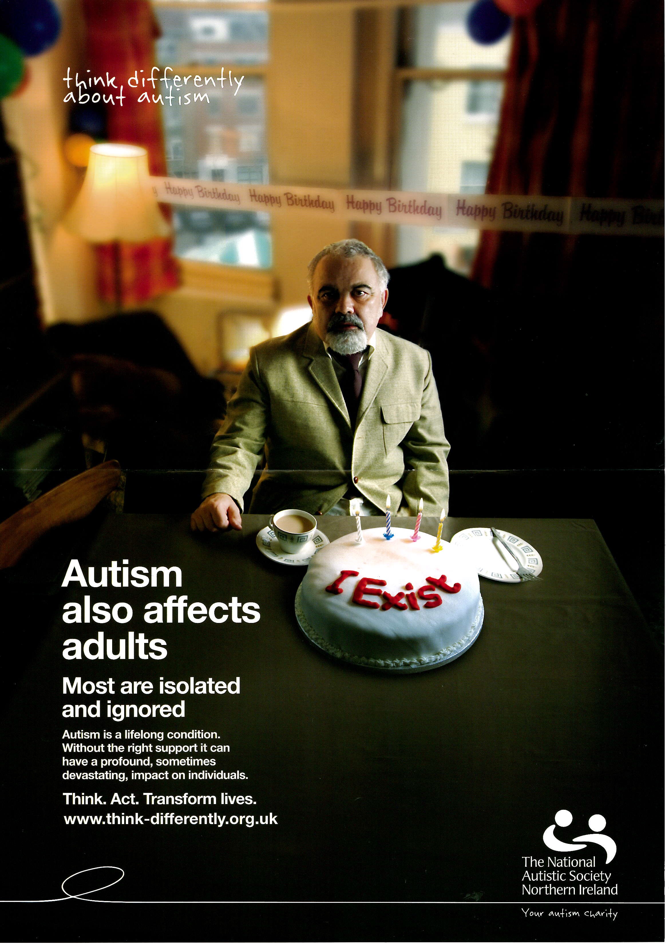 Poster of an older man in a suit sat at a table with a cake that reads 'I Exist'