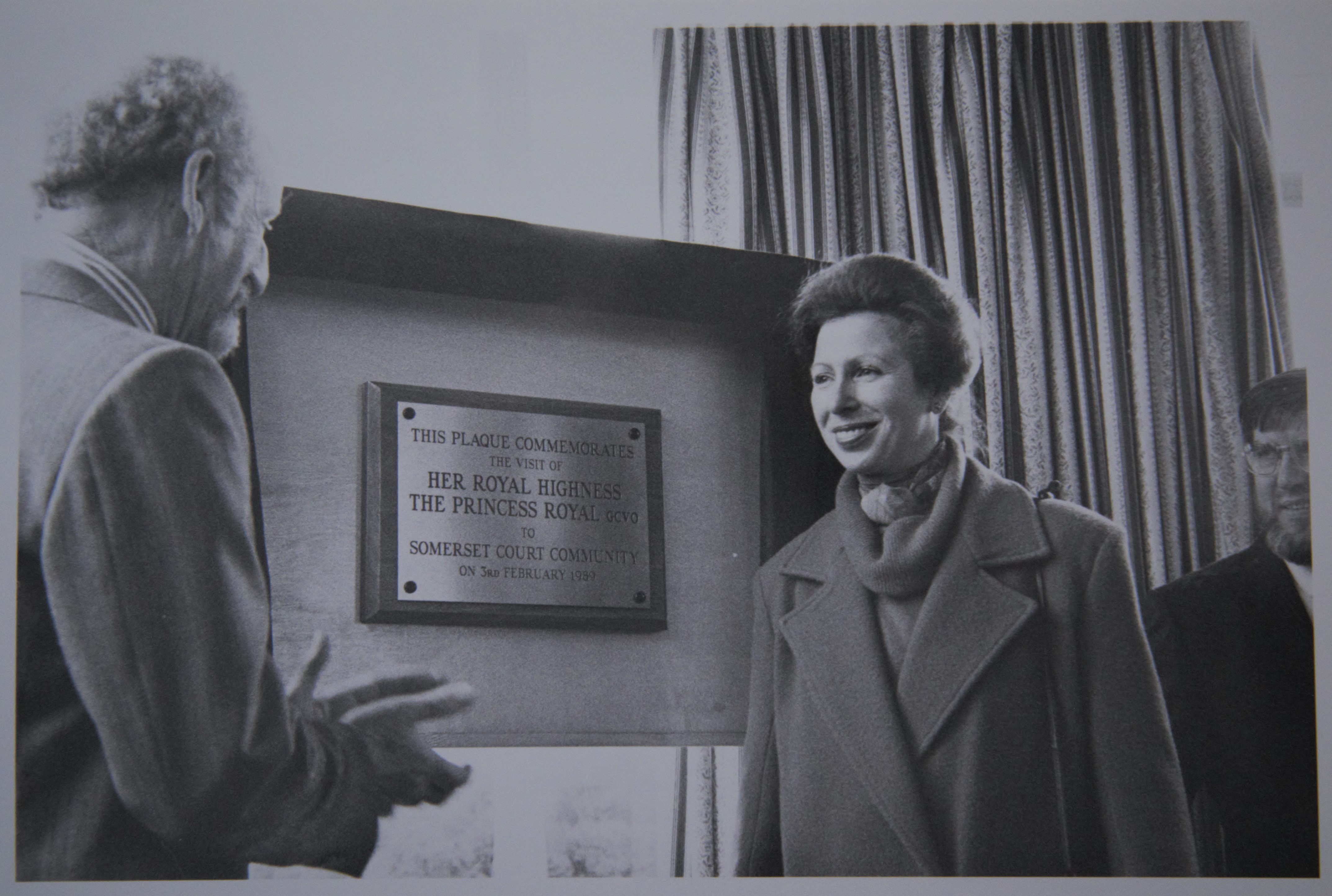 Black and white photograph of HRH Princess Anne smiling in 1989 at the opening of Somerset court,
